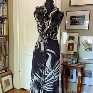 Elegant Black and White Halter-Top Jumpsuit with Ruffled Detail